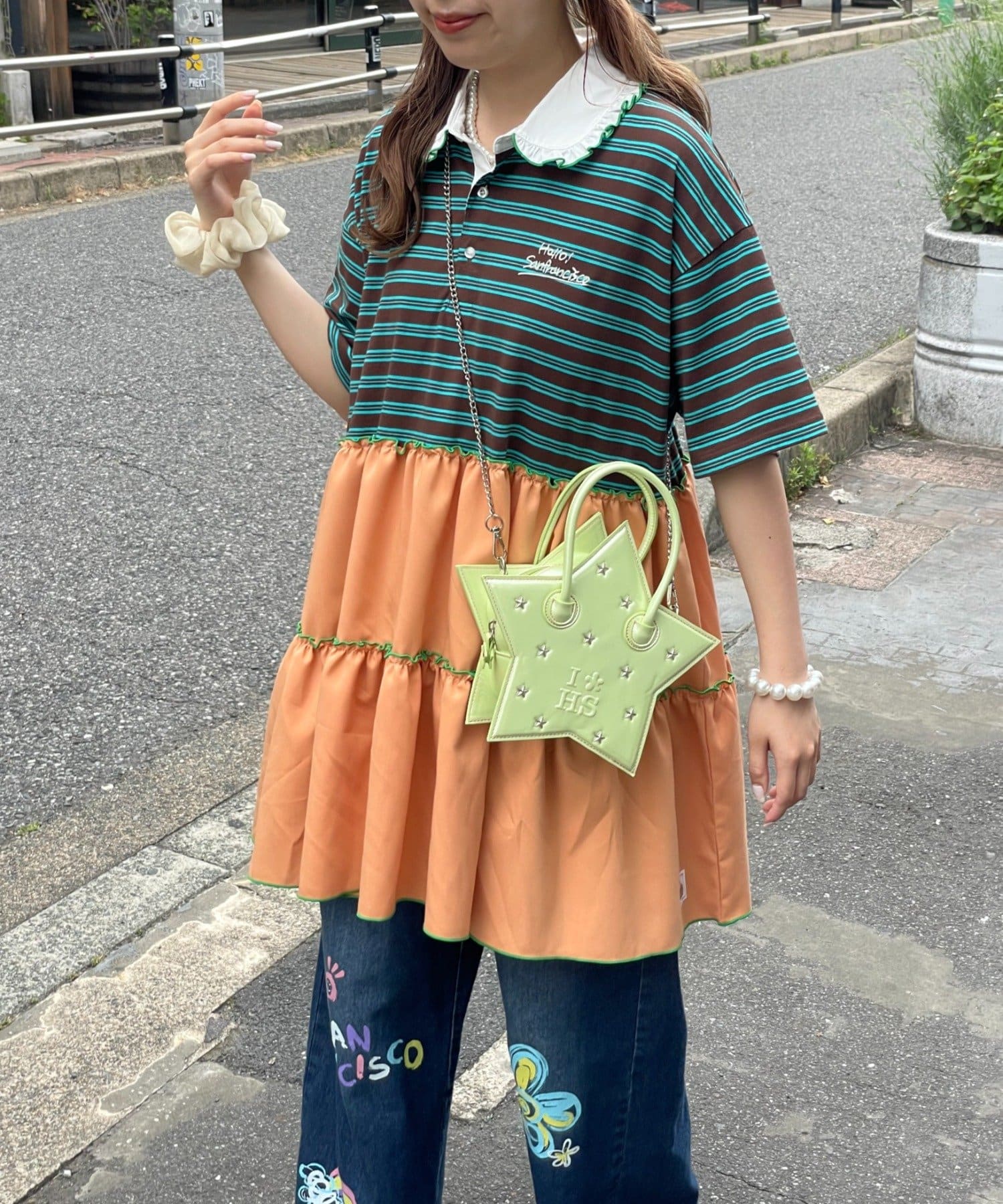HELLO.SANFRANCISCO 荷葉邊領條紋rugby shirt tunic - Image 1