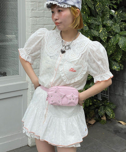 HELLO.SANFRANCISCO Frill Lace Tunic Short-Sleeve Blouse - Image 1