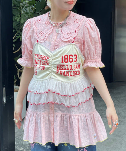 HELLO.SANFRANCISCO Frill Lace Tunic Short-Sleeve Blouse - Image 3