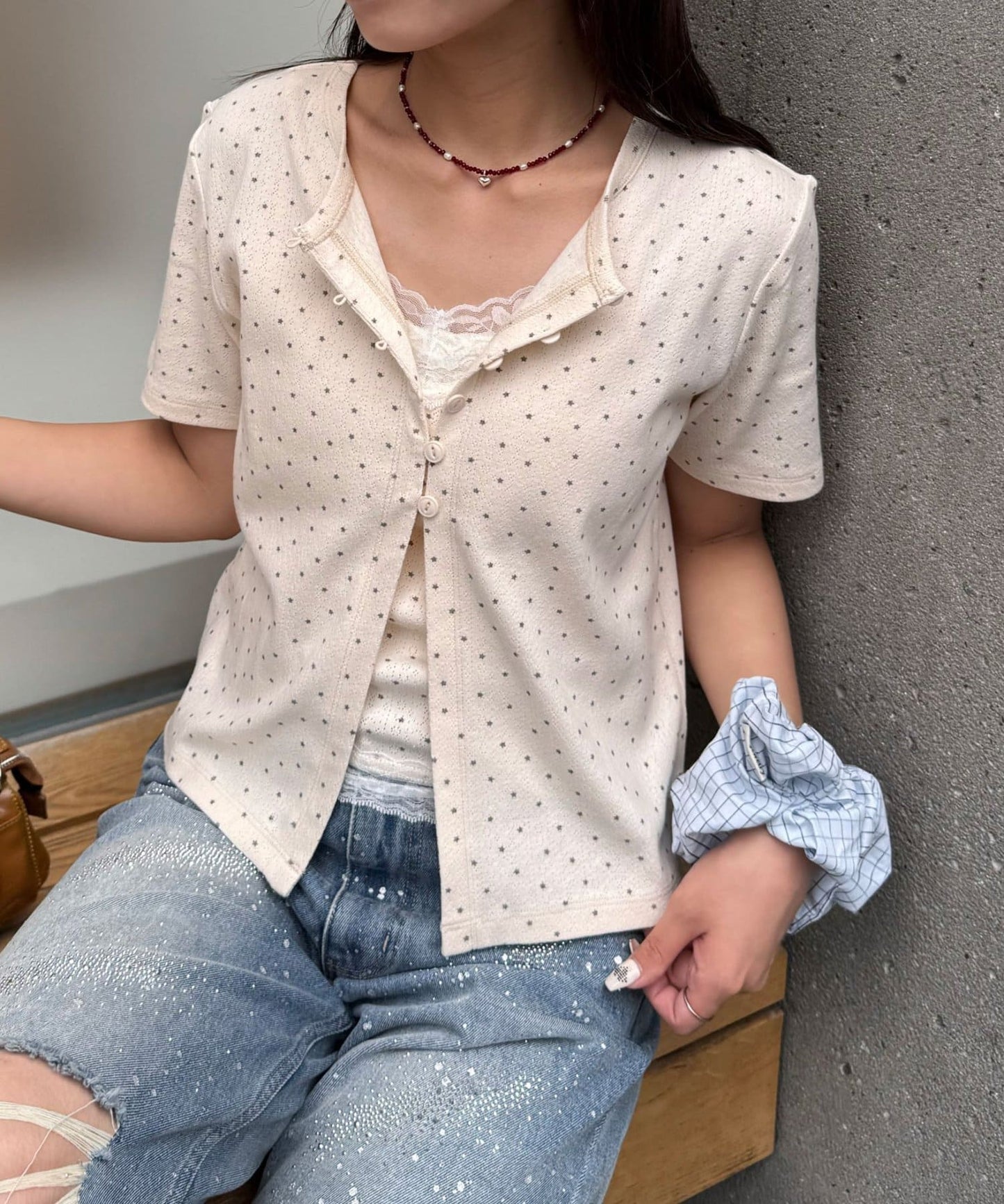 CIAOPANIC Lace吊帶背心 + 星星 pattern Cardigan - Image 3