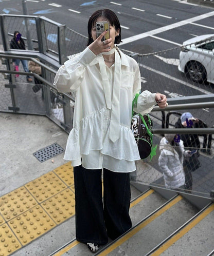 [長袖Ver] CIAOPANIC 多層束腰襯衫裙連TIE - Image 11