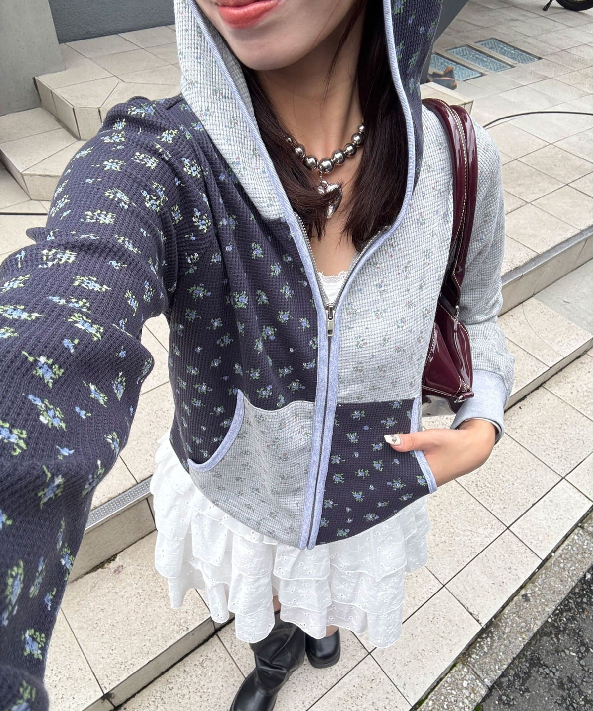 CIAOPANIC Patchwork Flower Waffle Zip Hoodie - Image 1