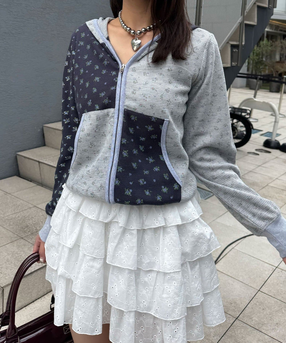 CIAOPANIC Patchwork Flower Waffle Zip Hoodie - Image 4