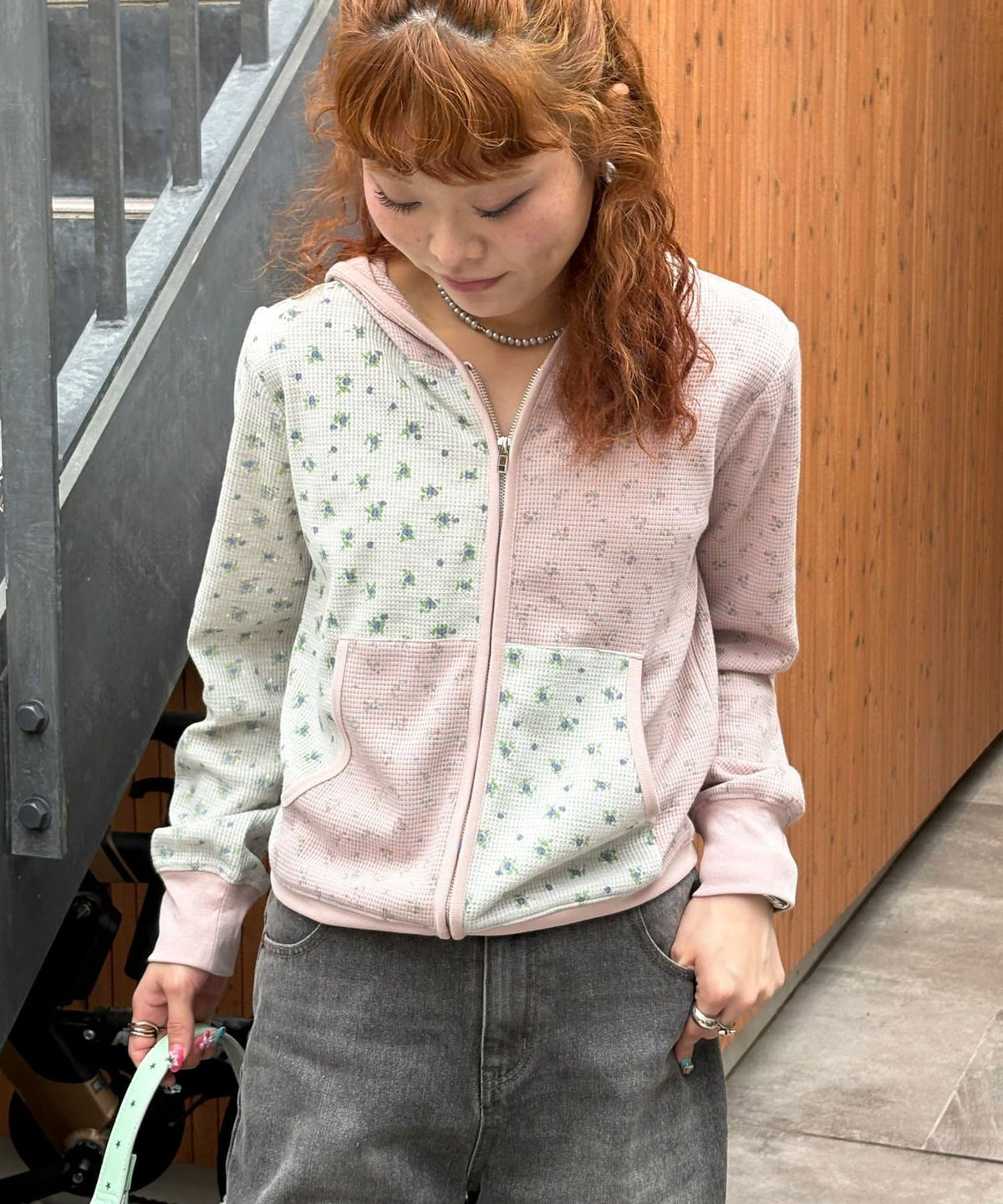 CIAOPANIC Patchwork Flower Waffle Zip Hoodie - Image 2