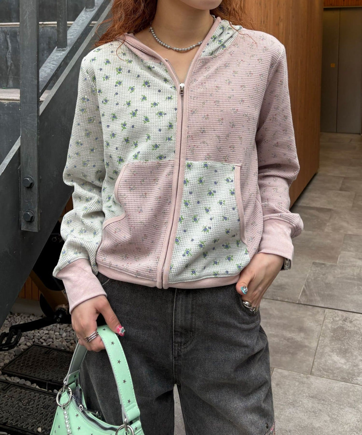 CIAOPANIC Patchwork Flower Waffle Zip Hoodie - Image 13