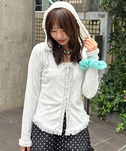 CIAOPANIC Frill Lace Trim Hooded Ribbed Top - Image 2