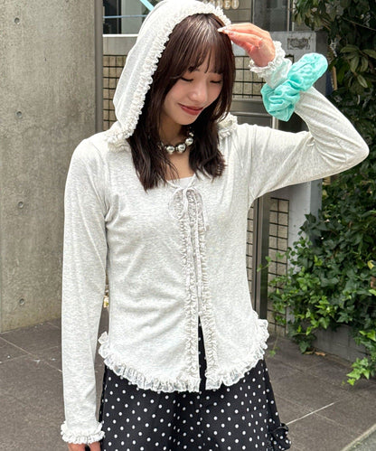 CIAOPANIC Frill Lace Trim Hooded Ribbed Top - Image 6