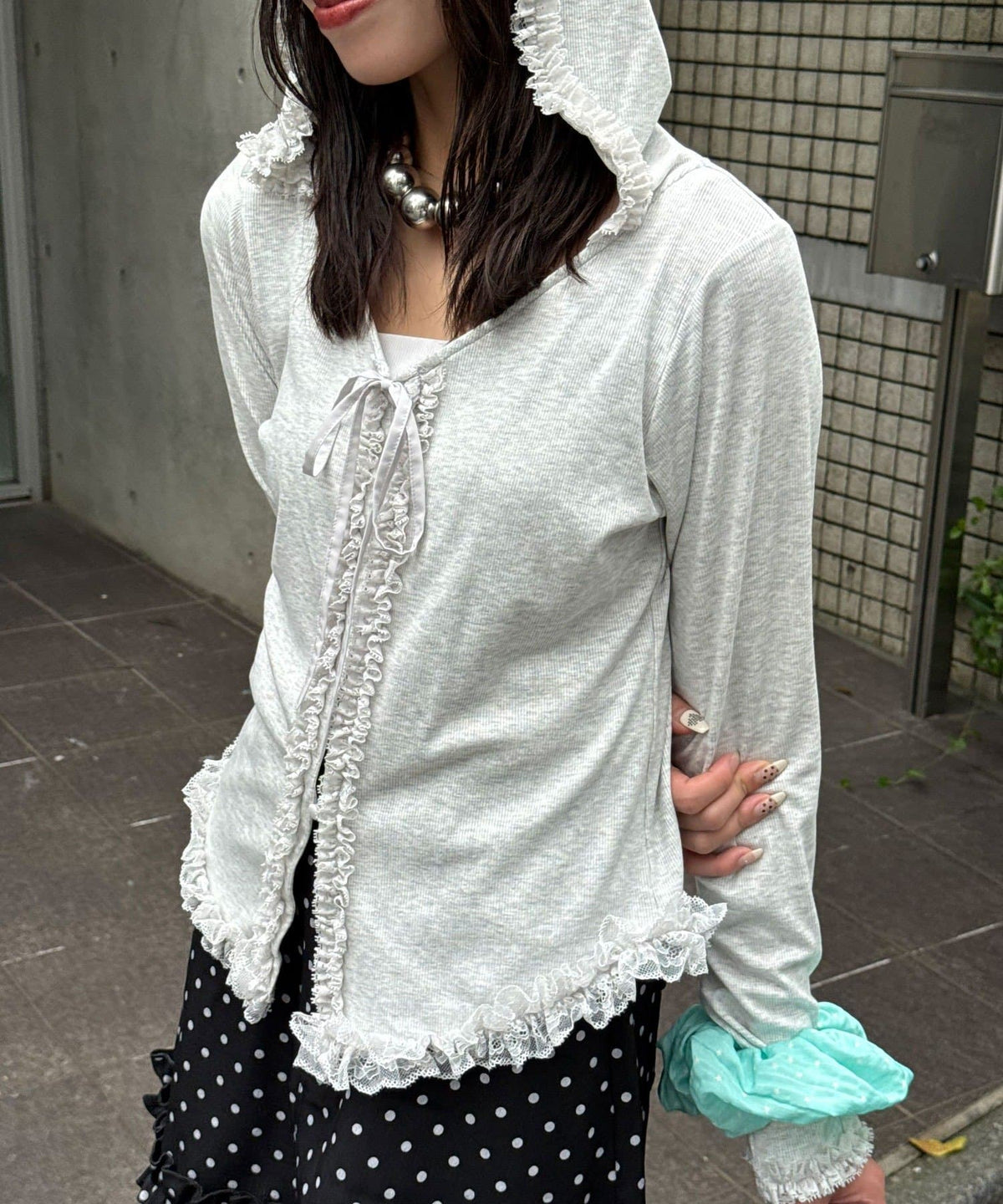 CIAOPANIC Frill Lace Trim Hooded Ribbed Top - Image 7