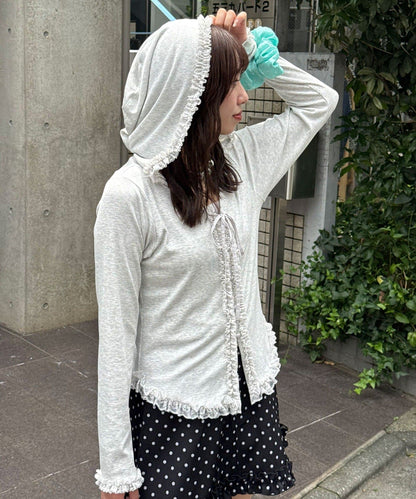 CIAOPANIC Frill Lace Trim Hooded Ribbed Top - Image 8