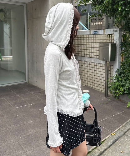 CIAOPANIC Frill Lace Trim Hooded Ribbed Top - Image 9