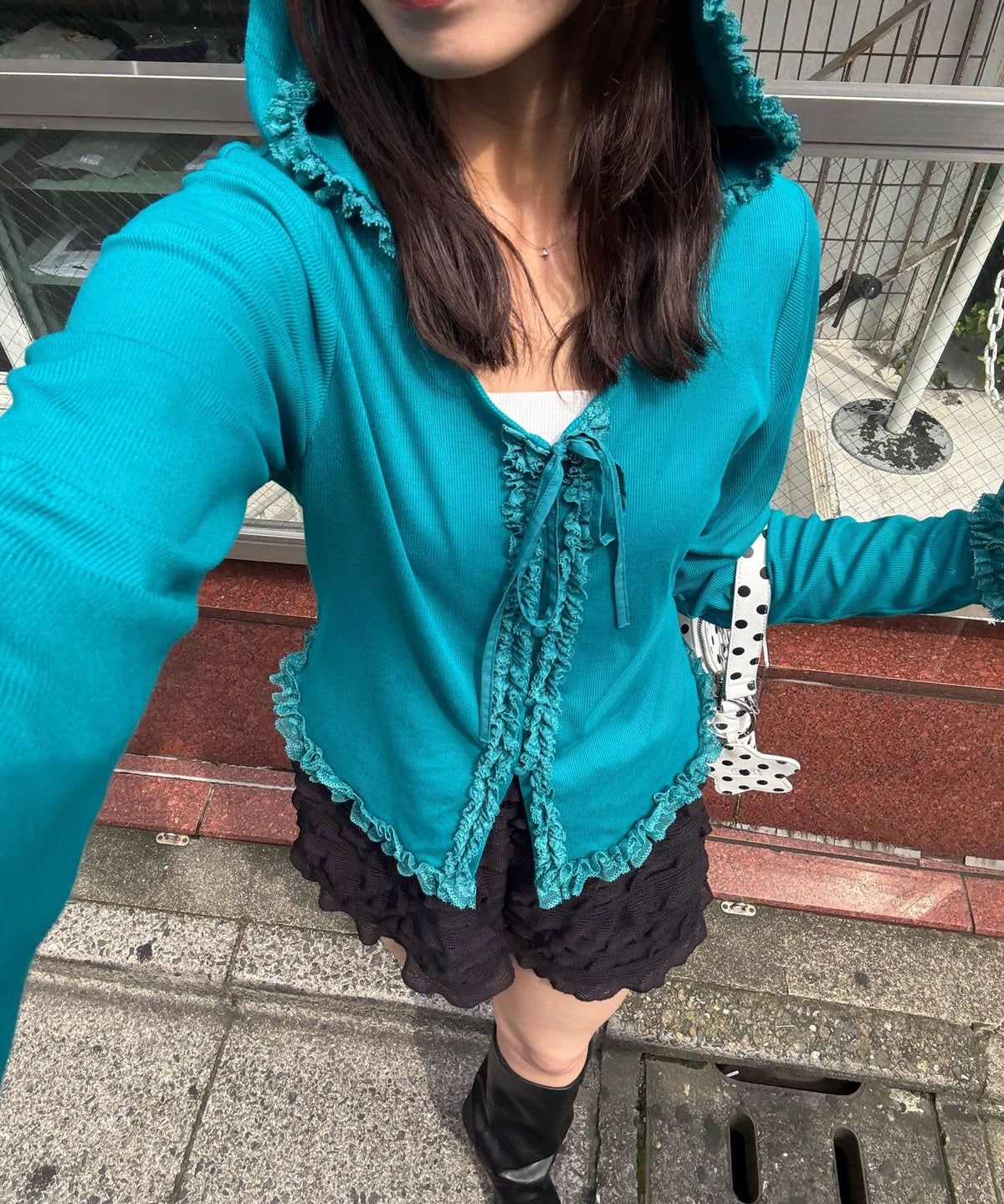 CIAOPANIC Frill Lace Trim Hooded Ribbed Top - Image 4