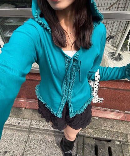 CIAOPANIC Frill Lace Trim Hooded Ribbed Top - Image 4