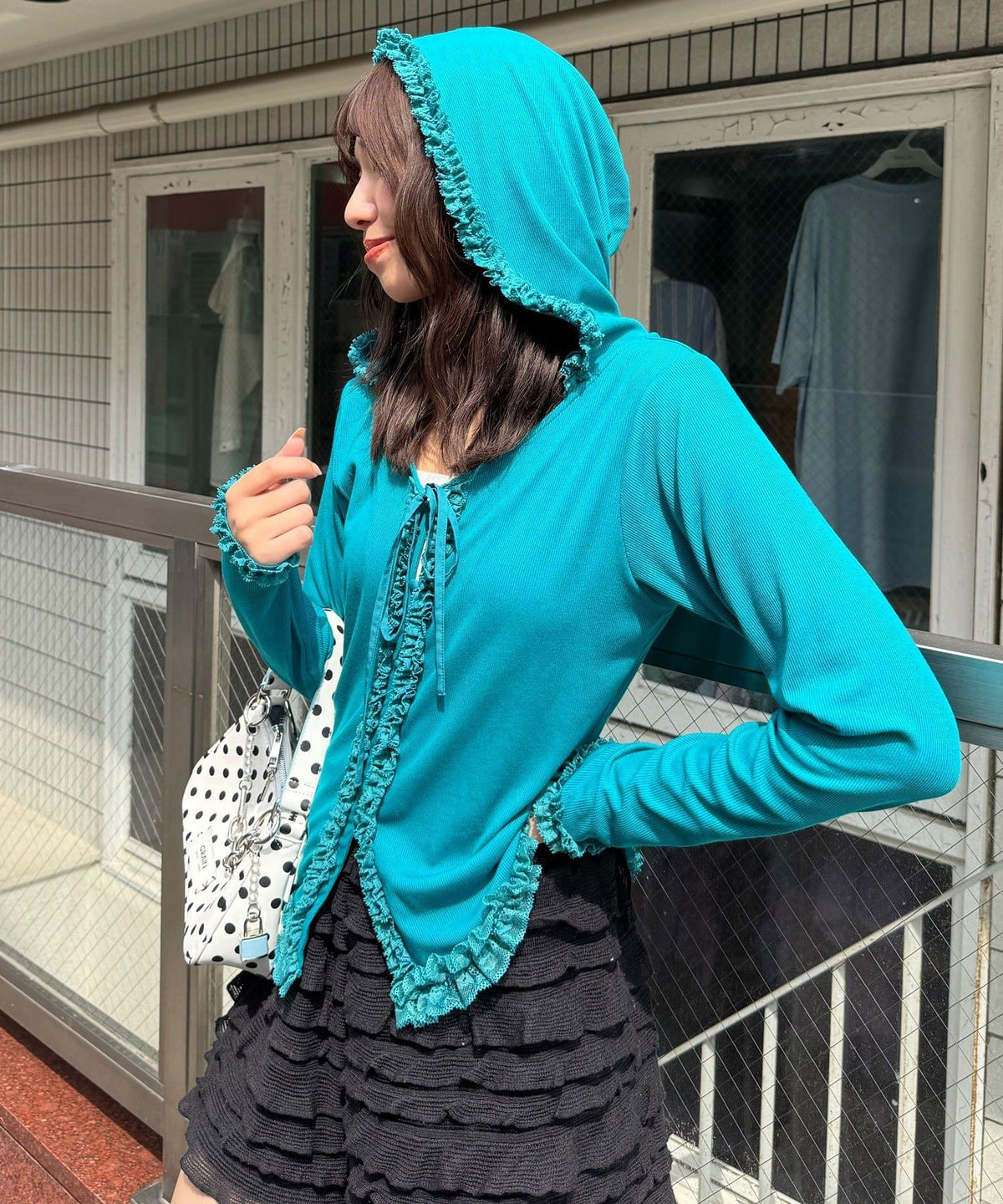 CIAOPANIC Frill Lace Trim Hooded Ribbed Top - Image 15