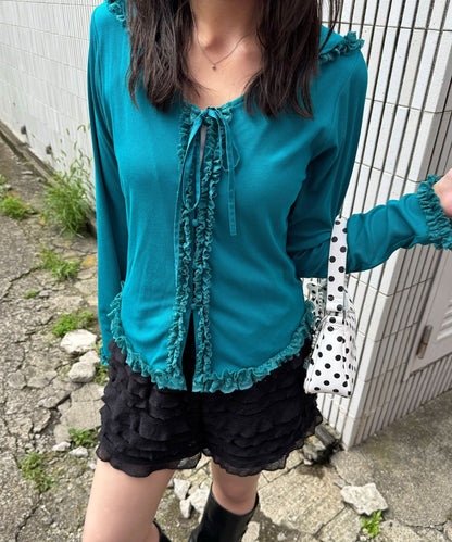 CIAOPANIC Frill Lace Trim Hooded Ribbed Top - Image 16