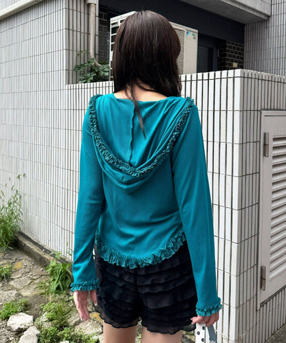 CIAOPANIC Frill Lace Trim Hooded Ribbed Top - Image 19