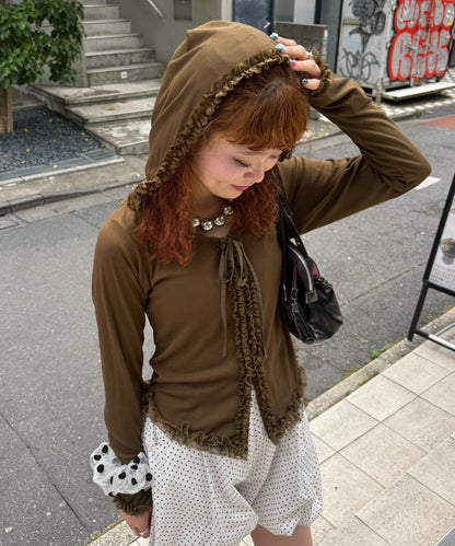 CIAOPANIC Frill Lace Trim Hooded Ribbed Top - Image 3