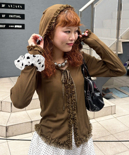 CIAOPANIC Frill Lace Trim Hooded Ribbed Top - Image 20