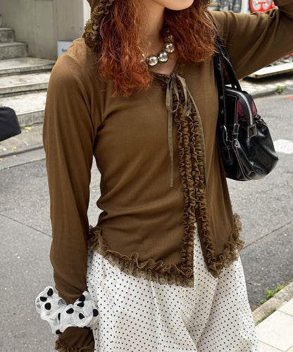 CIAOPANIC Frill Lace Trim Hooded Ribbed Top - Image 21