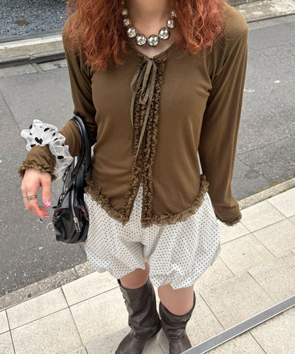 CIAOPANIC Frill Lace Trim Hooded Ribbed Top - Image 23