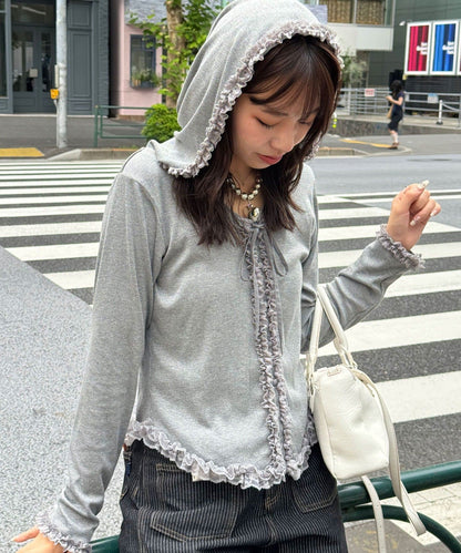 CIAOPANIC Frill Lace Trim Hooded Ribbed Top - Image 1
