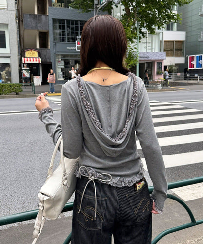 CIAOPANIC Frill Lace Trim Hooded Ribbed Top - Image 34