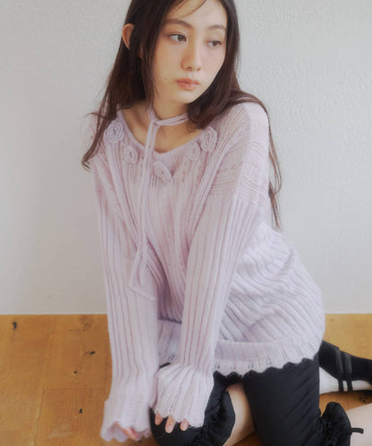 umm. By Discoat Flower motif mohair-like loose knit - Image 12