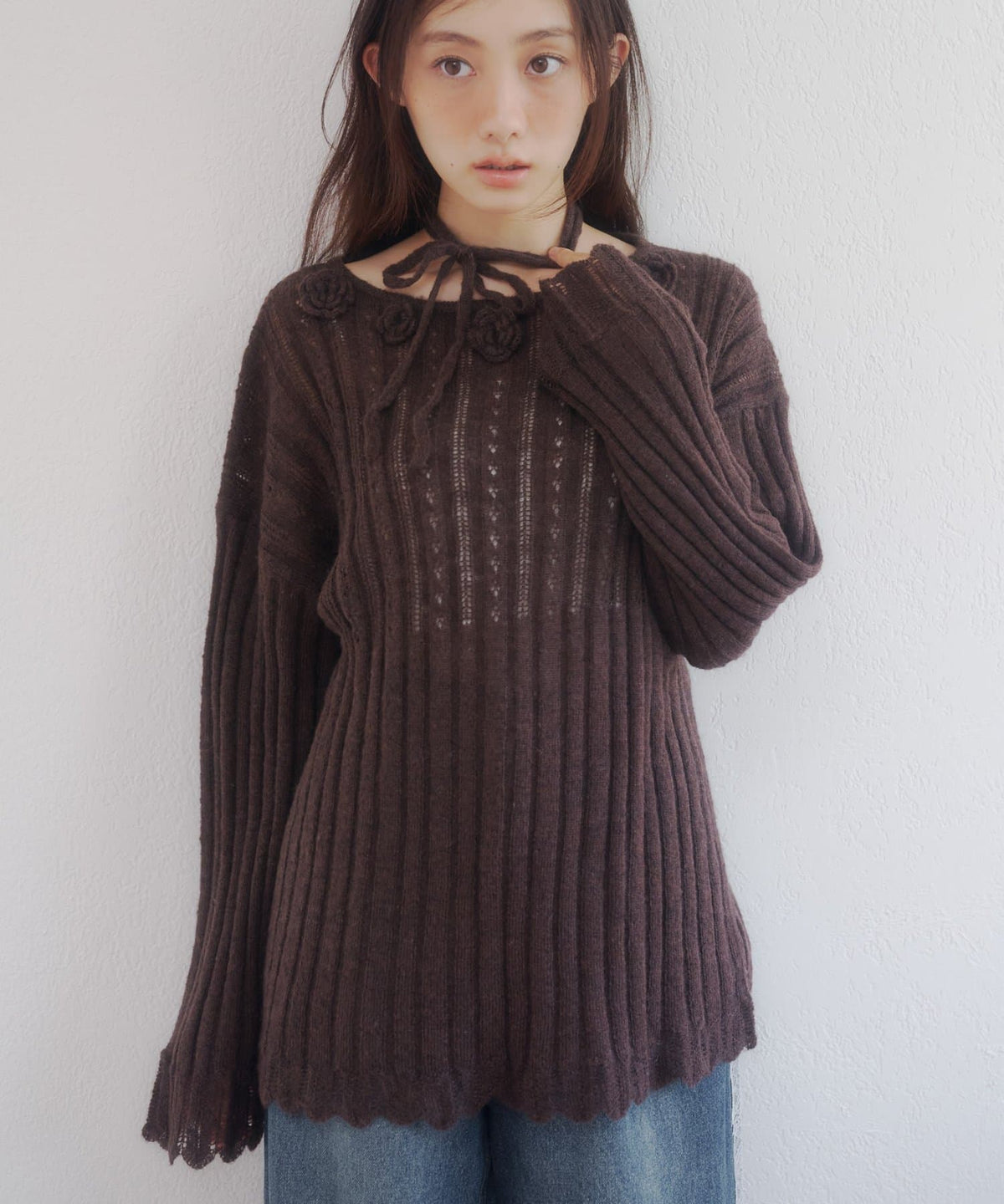 umm. By Discoat Flower motif mohair-like loose knit - Image 3