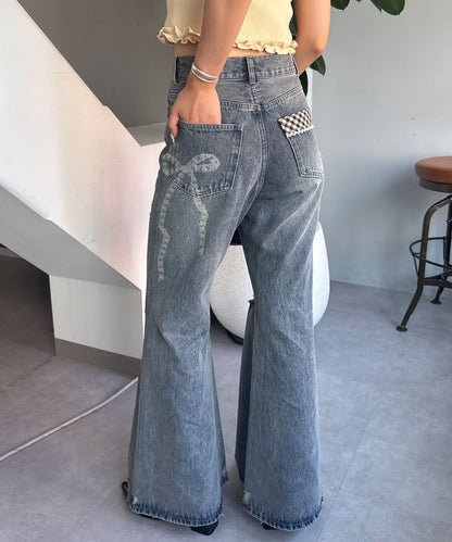 CIAOPANIC Vintage Ribbon print denim 喇叭褲 - Image 4