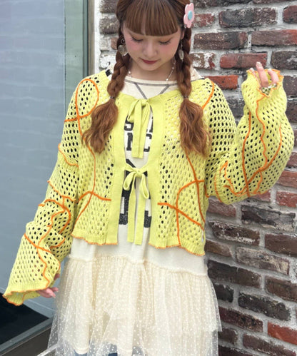 HELLO.SANFRANCISCO Wavy Mesh Ribbon Cardigan - Image 4