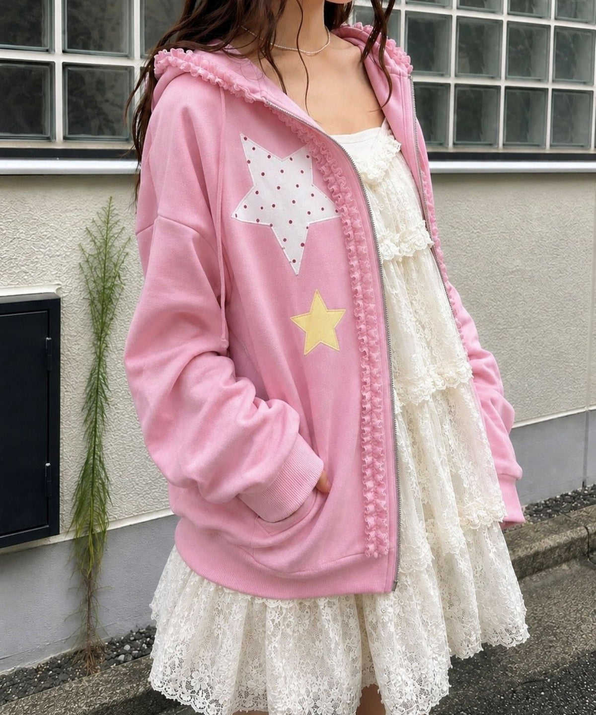 [長version] w closet Star pattern patchwork hoodie