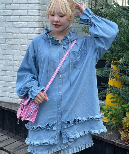HELLO.SANFRANCISCO Denim hoodie frill blouse - Image 2