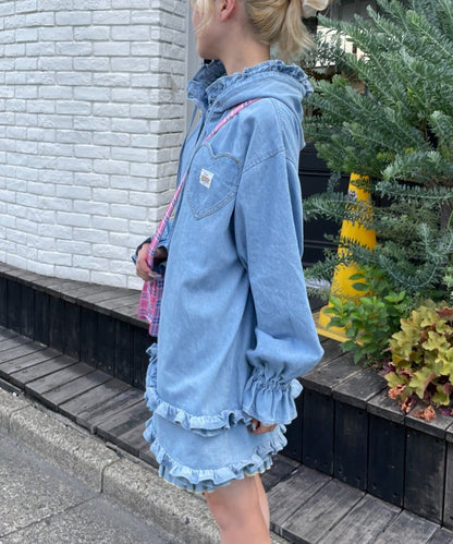 HELLO.SANFRANCISCO Denim hoodie frill blouse - Image 4