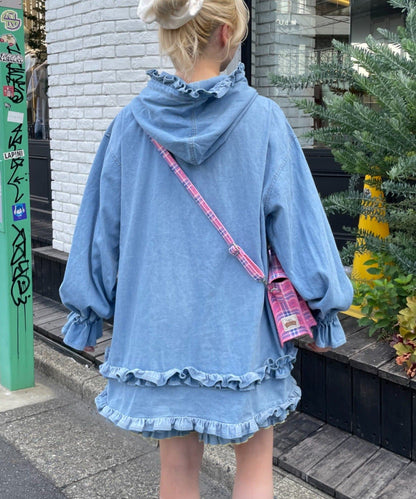 HELLO.SANFRANCISCO Denim hoodie frill blouse - Image 5
