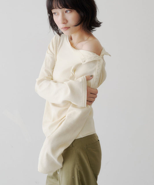 [Lace / 純色] Kastane 露肩紐扣Top - Image 2