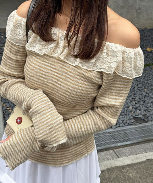 CIAOPANIC 條紋Lace領針織Top - Image 2