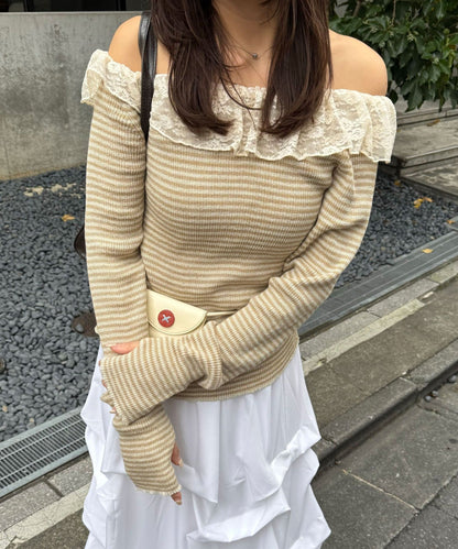 CIAOPANIC 條紋Lace領針織Top - Image 7