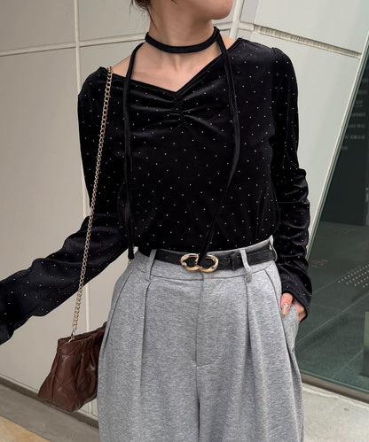 Thevon 水鑽絨面 V領Top with choker - Image 12