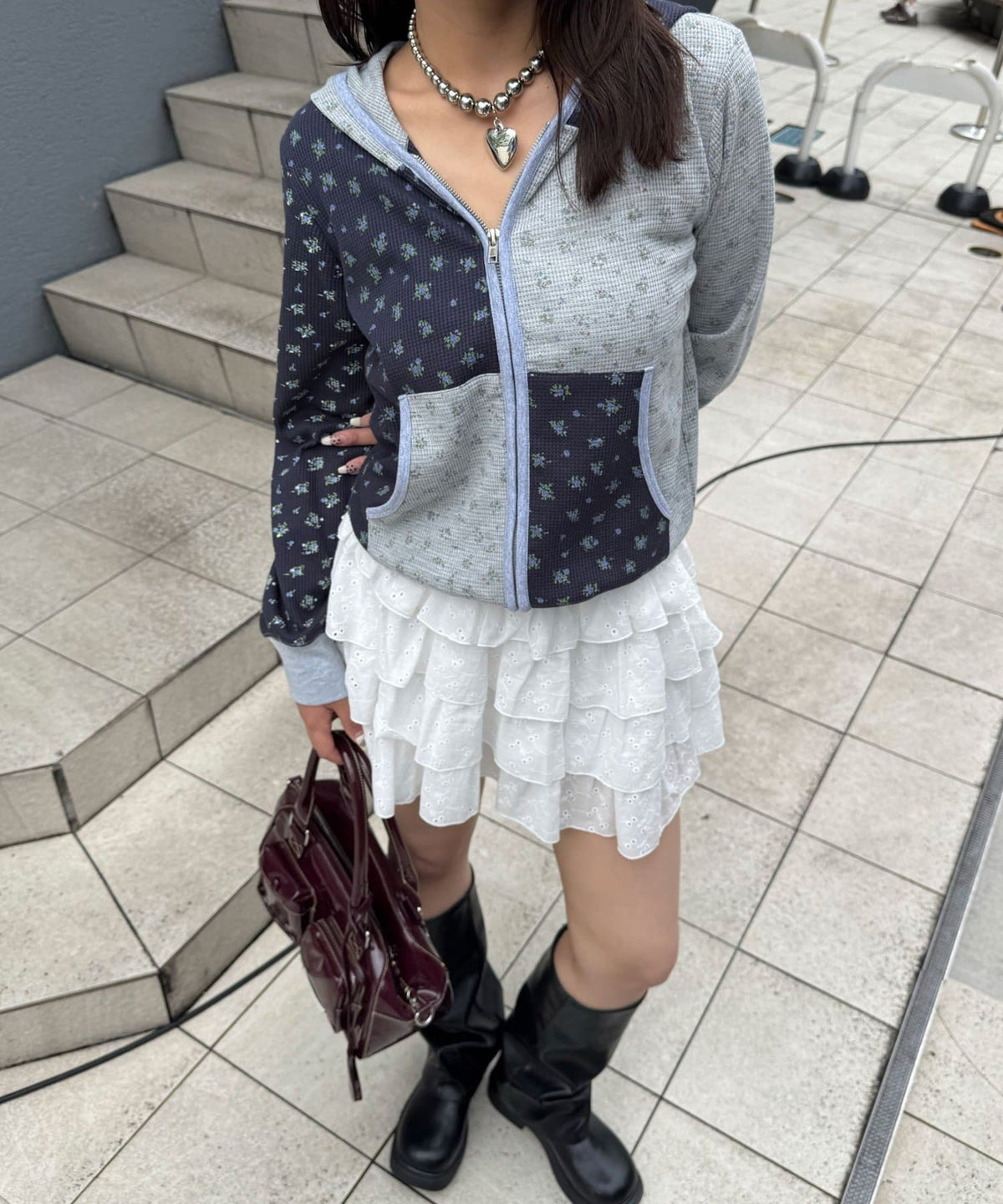 CIAOPANIC Patchwork Flower Waffle Zip Hoodie - Image 16