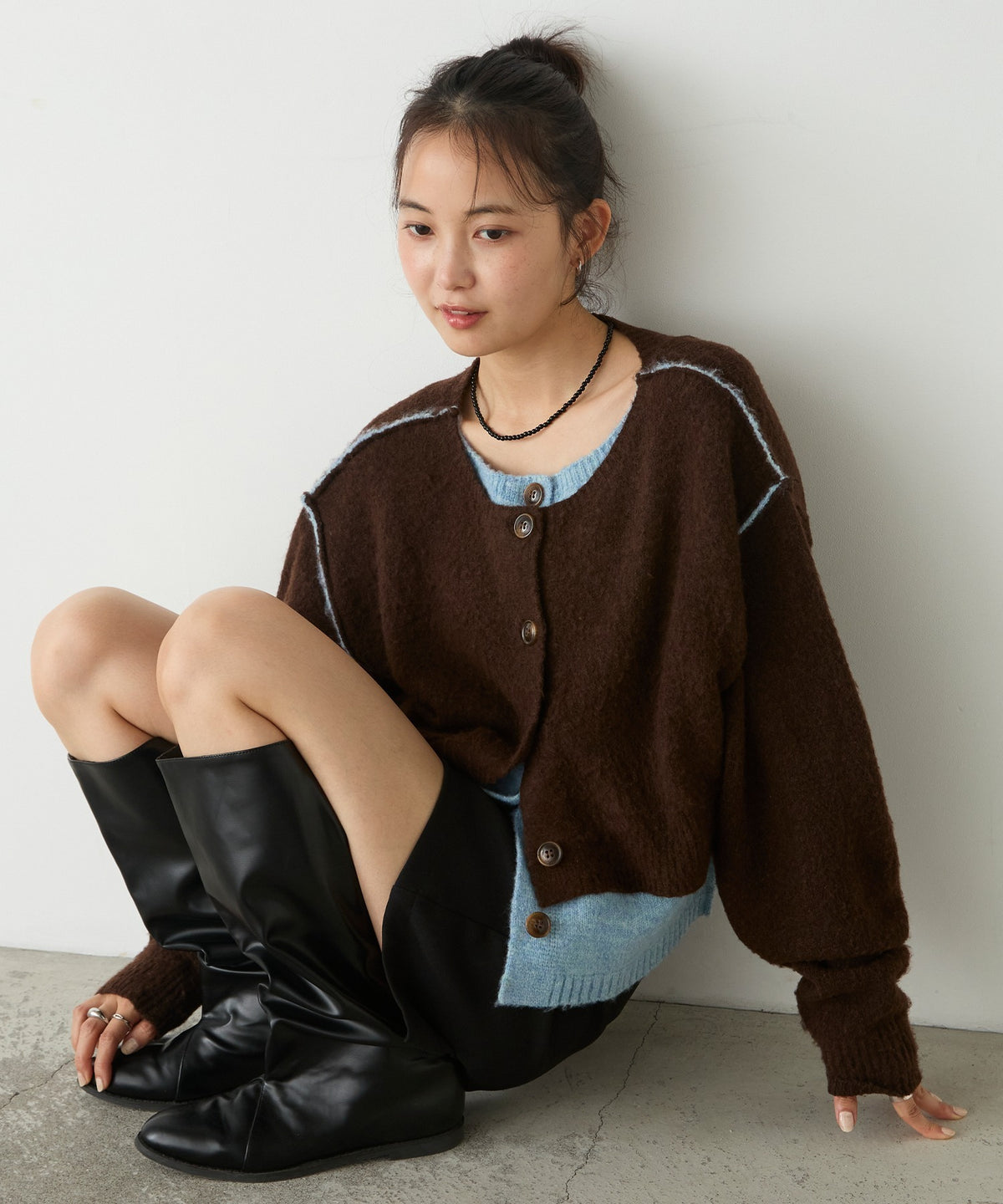 forksy. 假2件拼色短版cardigan - Image 3
