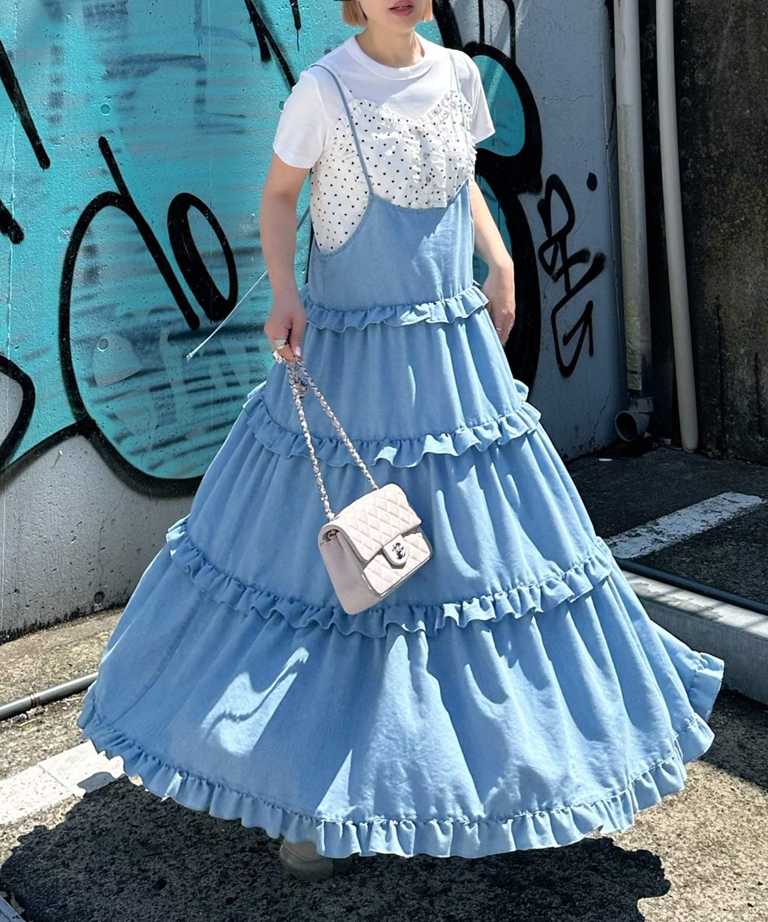 フリルティアードキャミワンピ