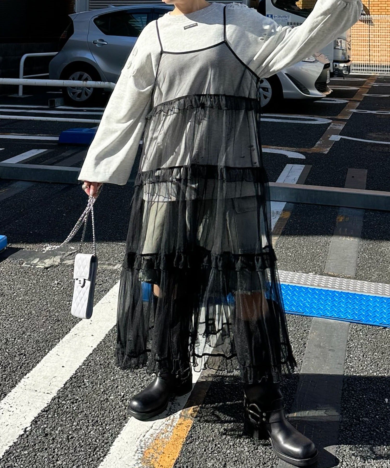 フリルティアードキャミワンピ