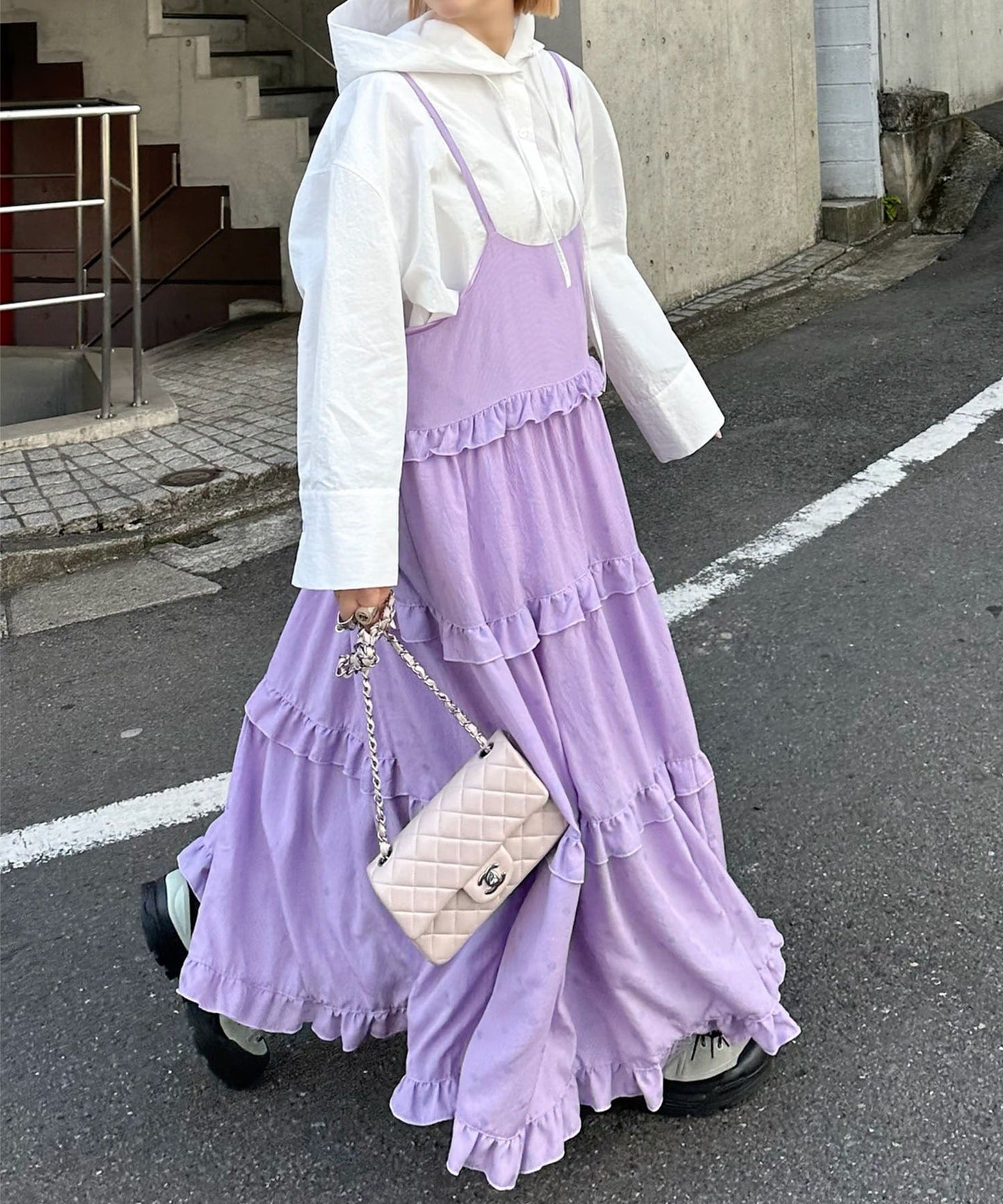 フリルティアードキャミワンピ