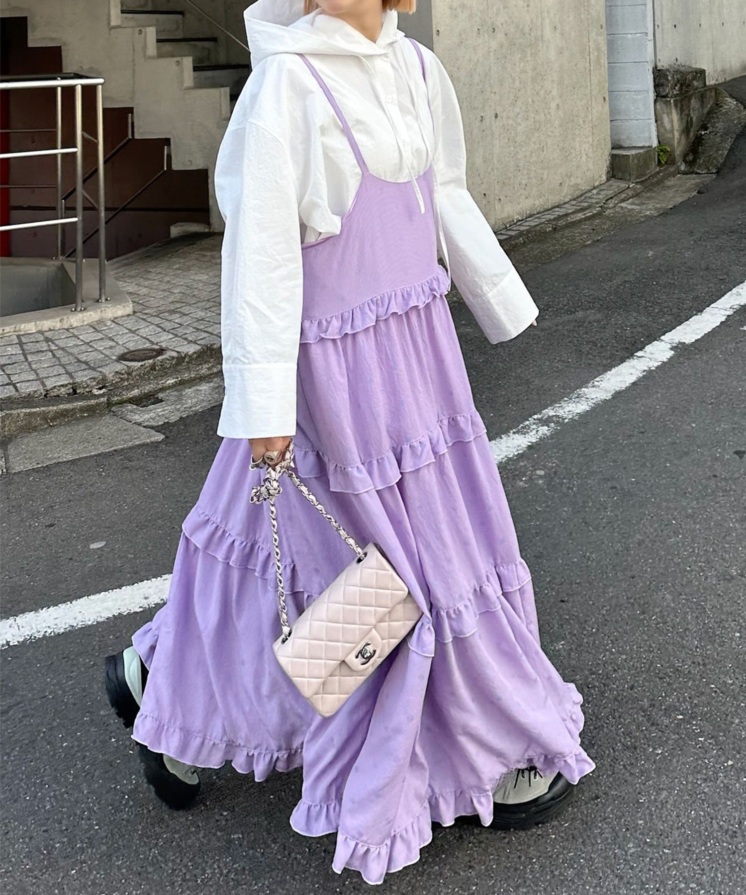 フリルティアードキャミワンピ