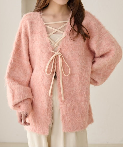 apres jour clair Shaggy lace-up knit cardigan
