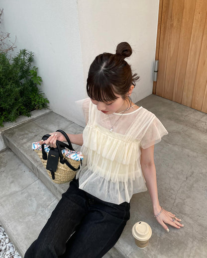 Hinari 薄紗荷葉邊法式袖top