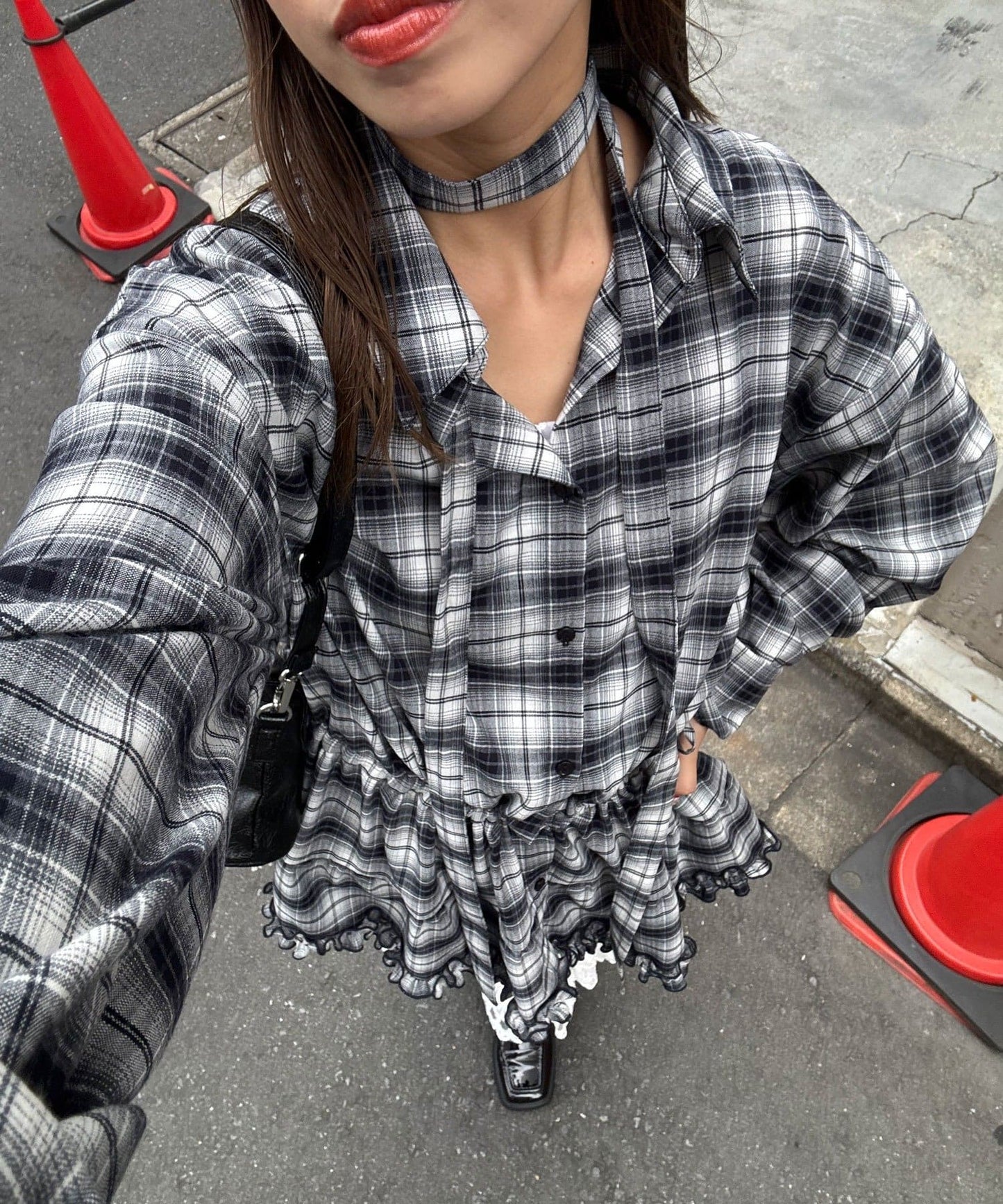 CIAOPANIC 領結層疊格紋襯衫裙