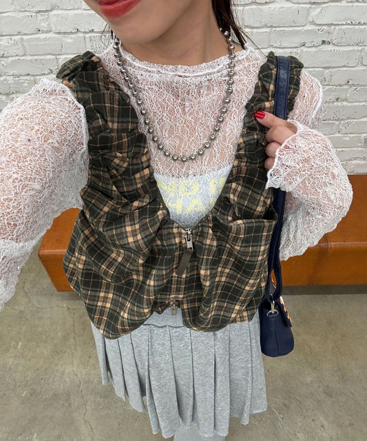 CIAOPANIC 褶皺格紋拉鍊背心