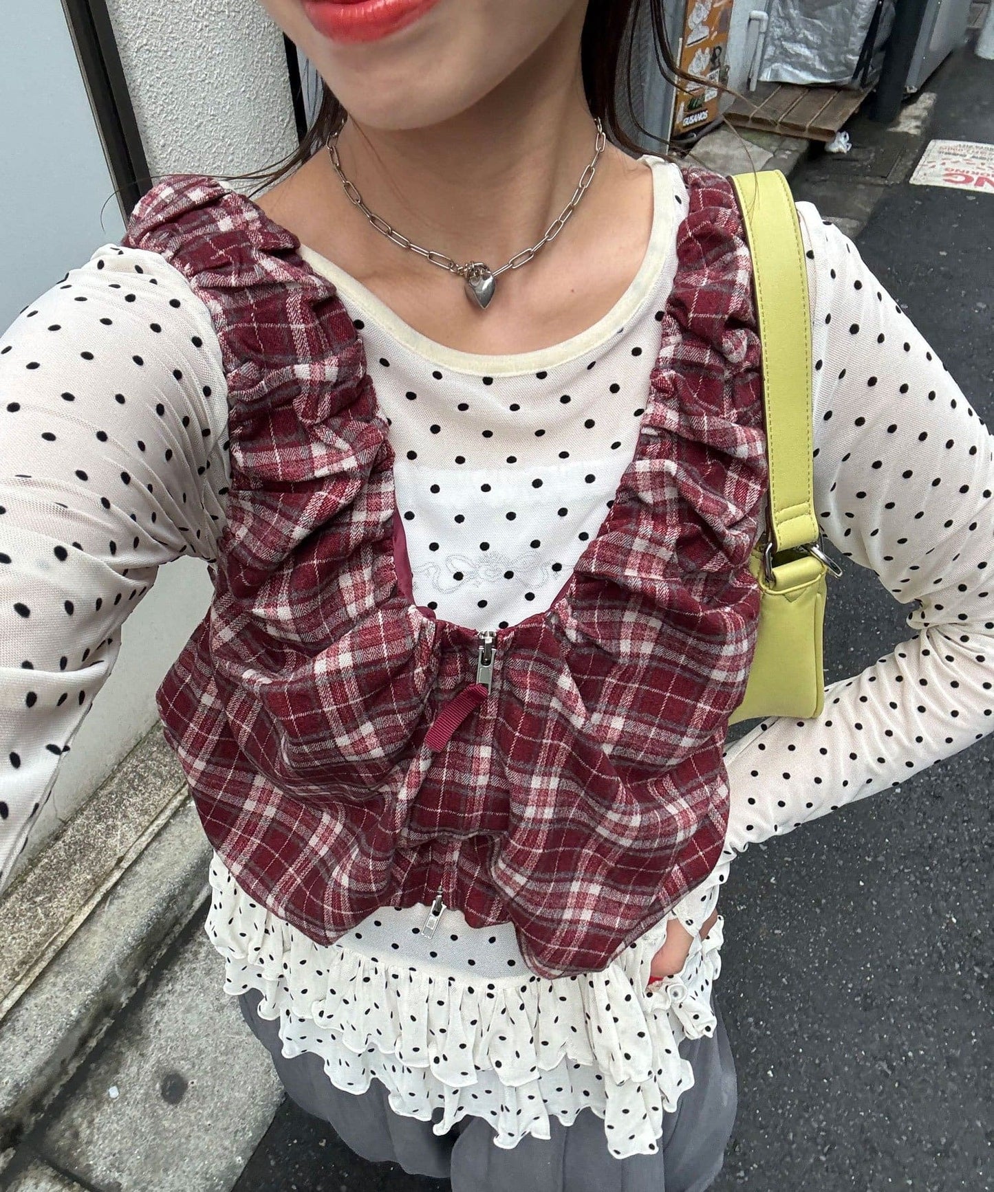 CIAOPANIC 褶皺格紋拉鍊背心