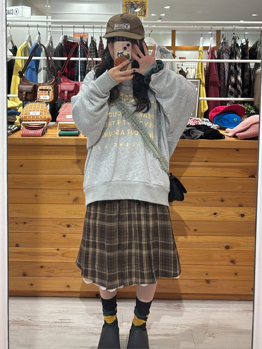 neutral by ciaopanic Lace docking check pleat middle skirt