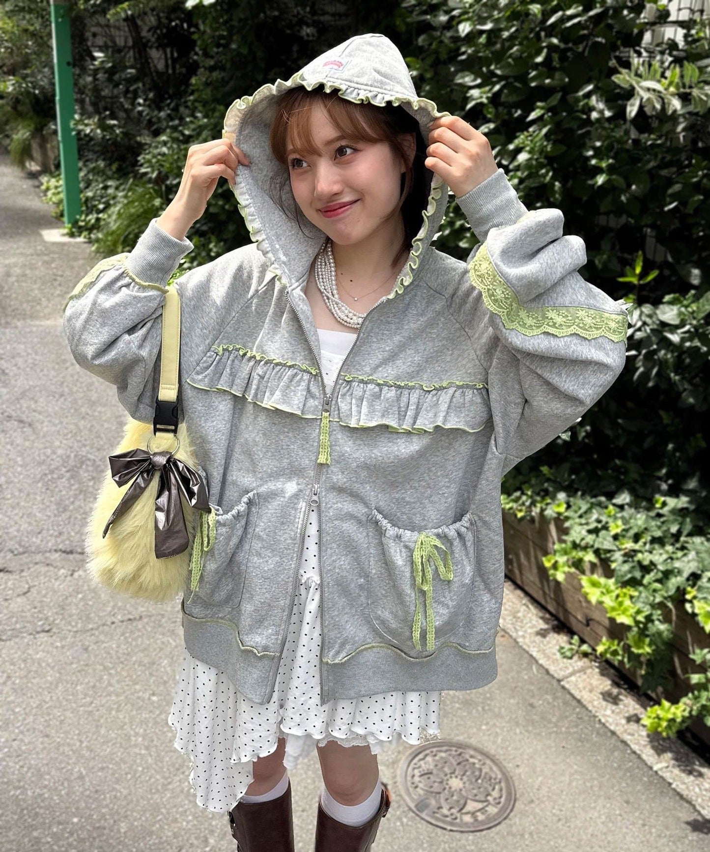 HELLO.SANFRANCISCO 拼色Ruffle Lace Hoodie Jacket